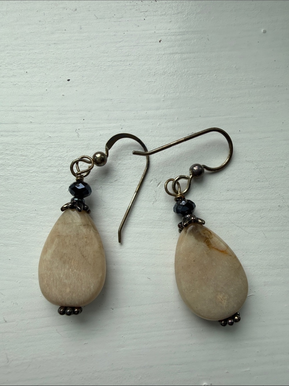 Beige Jasper Teardrop Stone Dangle Earrings with Sterling Silver Accents - Picture 2 of 5